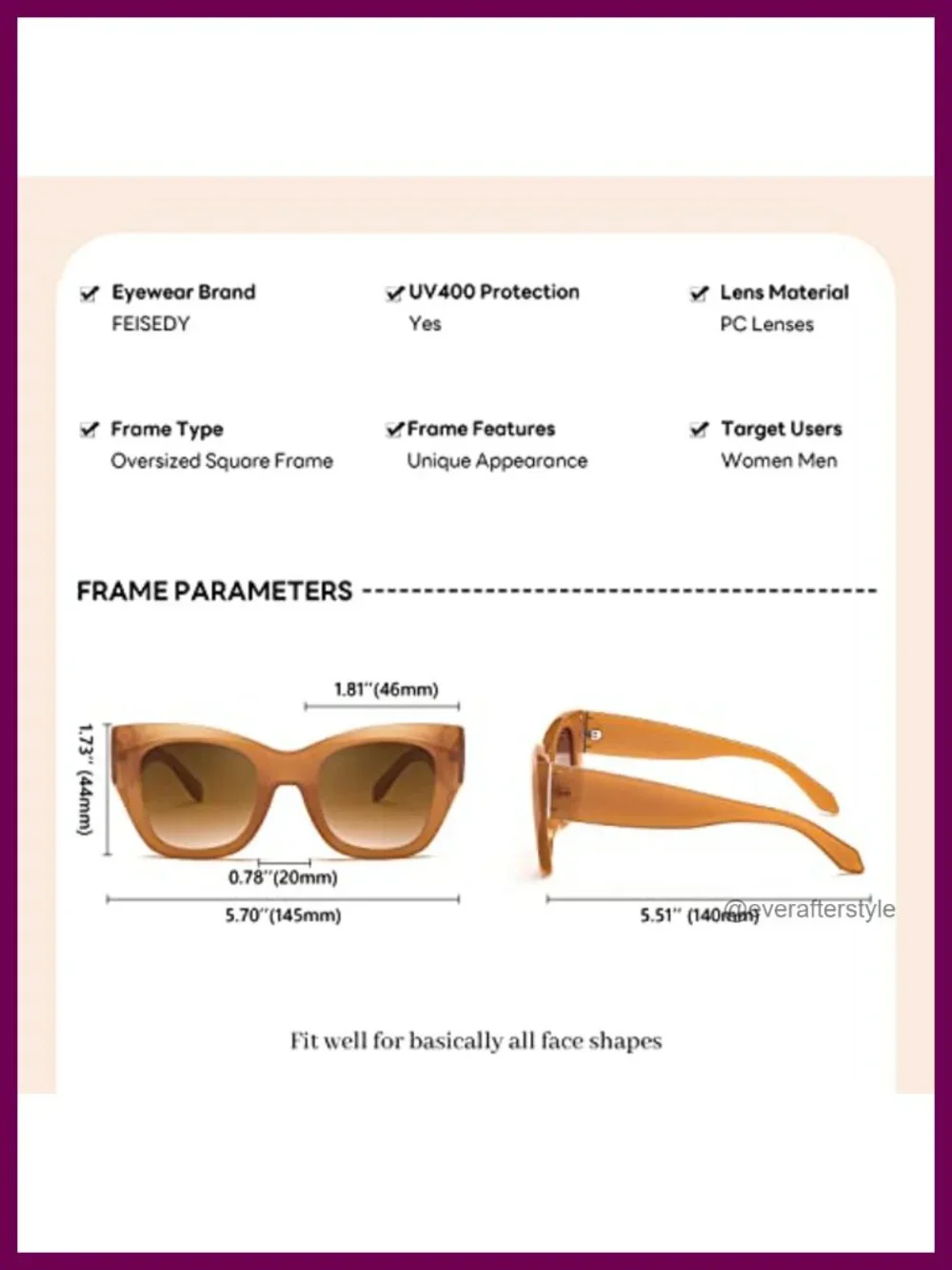 Oversized Square Cat Eye Sunglasses UV400 Protection Retro Vintage Thick Frame
